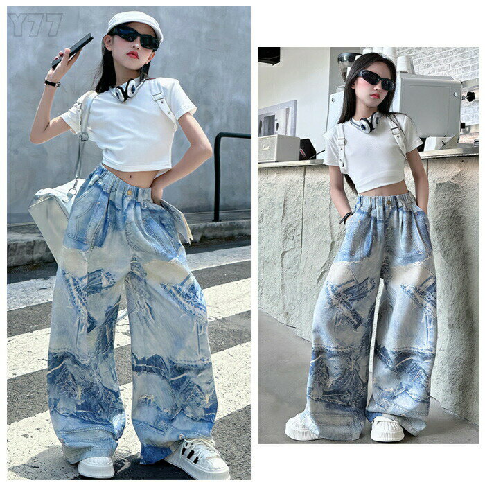 Rakuten - ■限定クーポン配布■ 子供服 女の子 へそ出しTシャツ 半袖トップス 染めワイドパンツ 夏着 ガールズ ダンス衣装 舞台演出服 120 130 140 150 160 170