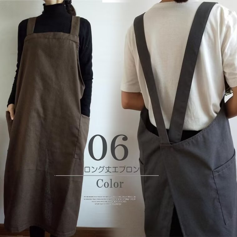 ロング丈 ワークエプロン ゆったりすぽっと被るだけ ワンピース かぶる カフェエプロン チュニックエプ..