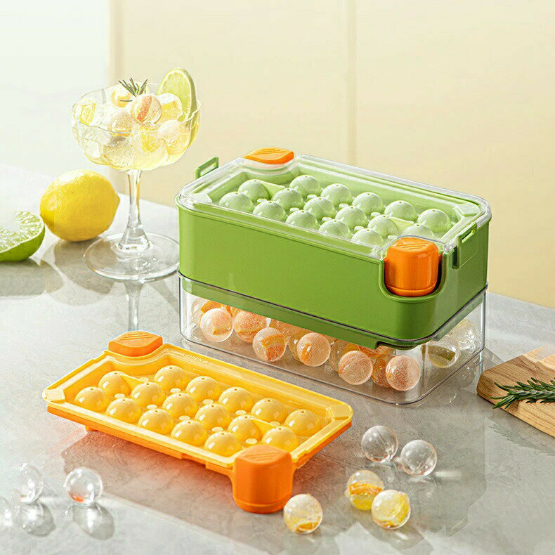 乐天商城 - 製氷皿 ワンタッチ式 丸氷 製氷器 氷かき器付き ダブル製氷皿 フタ付き 冷蔵庫専用 アイスキューブトレー 家庭用 全3色