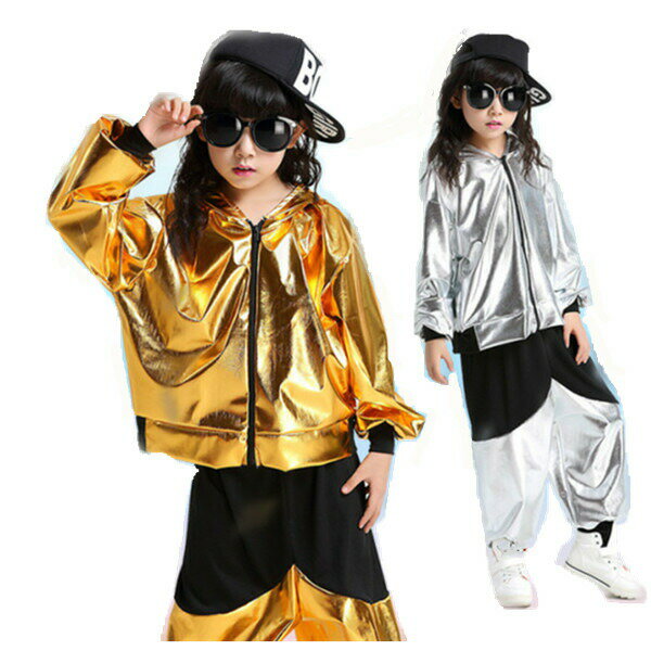 Rakuten - ■限定クーポン配布■ キッズ ダンス衣装 セットアップ ヒップホップ 女の子 上下セット ステージ衣装 ジャズダンス トップス パンツ 2点セット ゴールド シルバー 110-170cm
