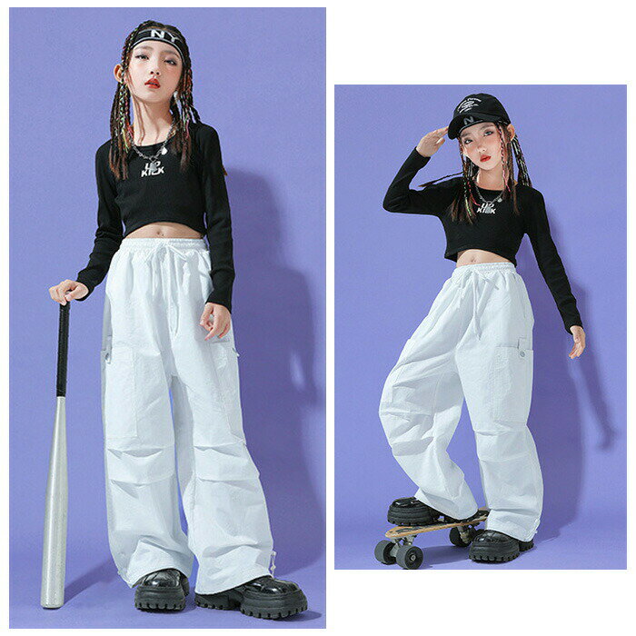 Rakuten - ダンス衣装 キッズ セットアップ 女の子 舞台 団体服 演出服 子供服 長袖Tシャツ ヒップホップ ステージ衣装 練習着 白パンツ 黒パンツ 110-180サイズ