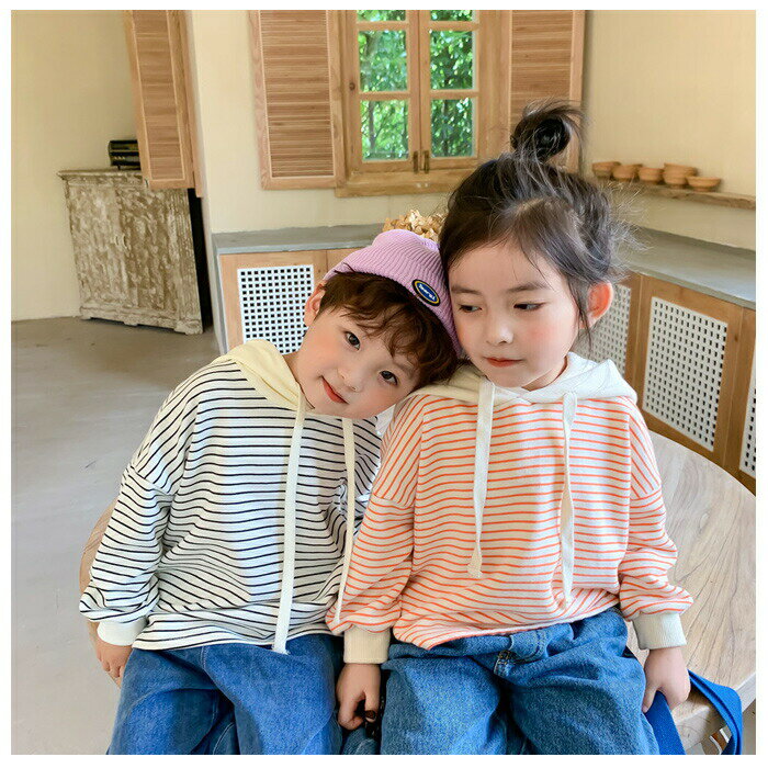 子供服 ストライプ柄 パーカー 80 90 100 110 120 130 キッズ カラーストライプ スウェット 男女兼用 兄弟 姉妹 双子 ゆったり トレーナー 長袖 トップス 春秋冬 通園 通学 誕生日プレゼント オレンジ ブラック
