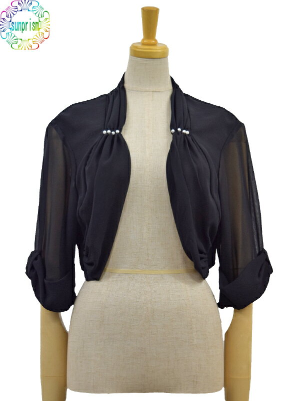 【ネコポス対応】パール調飾りシフォン パーティーボレロ ブラック 3L 羽織 カーデ 【OUTLET】*