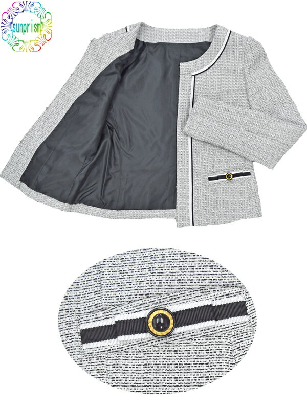 3点セット ママスーツ 入学式 ノーカラージャケットスーツ グレー系xブラック 7号9号13号 C71 お宮参り カラーフォーマル 謝恩会 母 ママ 結婚式 大人 オフィス 発表会 ワンピース フォーマル お呼ばれ 同窓会 アウトレット 【あす楽対応】