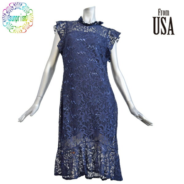 乐天商城 - Alexa B インポート ワンピース レース スパンコール リゾート 無地 紺色 ネイビー ワンピ パーティー お呼ばれ 上品膝丈 セレブカジュアル アメリカ USA ロサンゼルス インポート お家でお洗濯可能【即日発送】