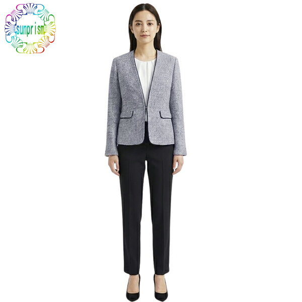 乐天商城 - (値下げしました）【訳あり】ビジネス スーツ レディースママ レディース ノーカラースーツ ジャケットネイビー c439 股下65cm セットアップ お宮参り 母 セレモニー スーツ ノーカラージャケット ブラウス パンツスーツ 3点セット 営業 仕事