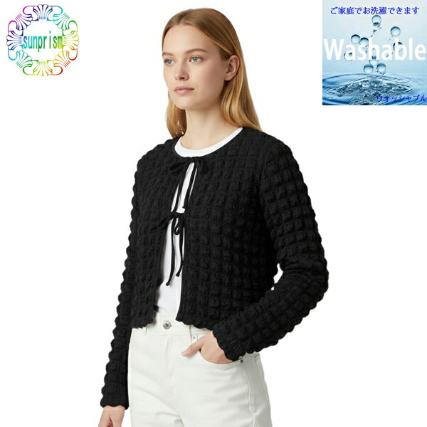 乐天商城 - 【1000円ポッキリ】【OUTLET】2wayカーディガン&カットソー ブラック 黒 二通り着れる 膨れ織カーディガン 前後2way カーデ 重ね着 リボン おしゃれ カジュアル カットソー レディースカットソー トップス ロング袖 長袖 軽い ふわふわ 羽織 即日発送