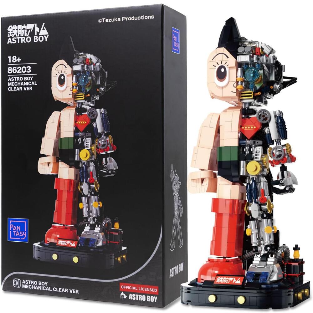 Pantasy パンタジー 鉄腕アトム メカニカル クリアバージョン 組立ブロック 1250ピース 手塚プロダクション 公式ライセンス 手塚治虫 アニメ ロボット フィギュア 半機械 シースルー メカデザイン 10箇所以上可動 約5-6時間で組立 高さ約32cm 台座 ネームプレート付