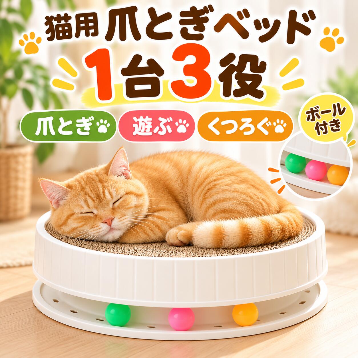 猫 爪とぎ 3WAY ボール付き 猫ベッド 円形 約40cm すり鉢型 段ボール 爪研ぎ 猫おもちゃ スクラッチャー またたび付き ホワイト 室内用