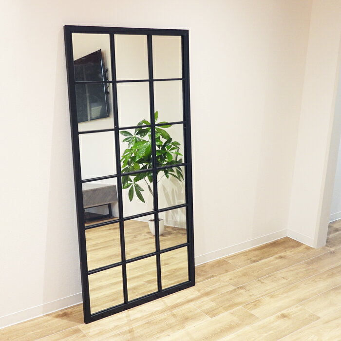 スタンドミラー 全身鏡 幅70cm 高さ140cm スクエアパターン 窓風デザイン スチールフレーム ウォールミ..