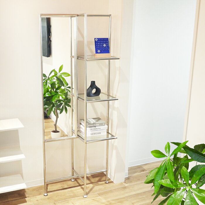 スタンドミラー付き オープンシェルフ ガラス棚 スチールフレーム ディスプレイラック 全身鏡 韓国イン..