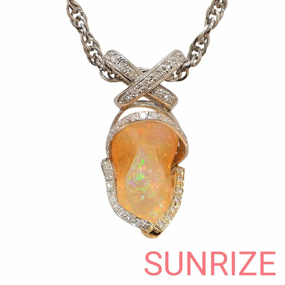 Opal - Pt850/Pt900/K18 鑑別書付き ファイヤーオパール11.36ct ダイヤモンド0.38ct ネックレス【S998/S999】【中古】