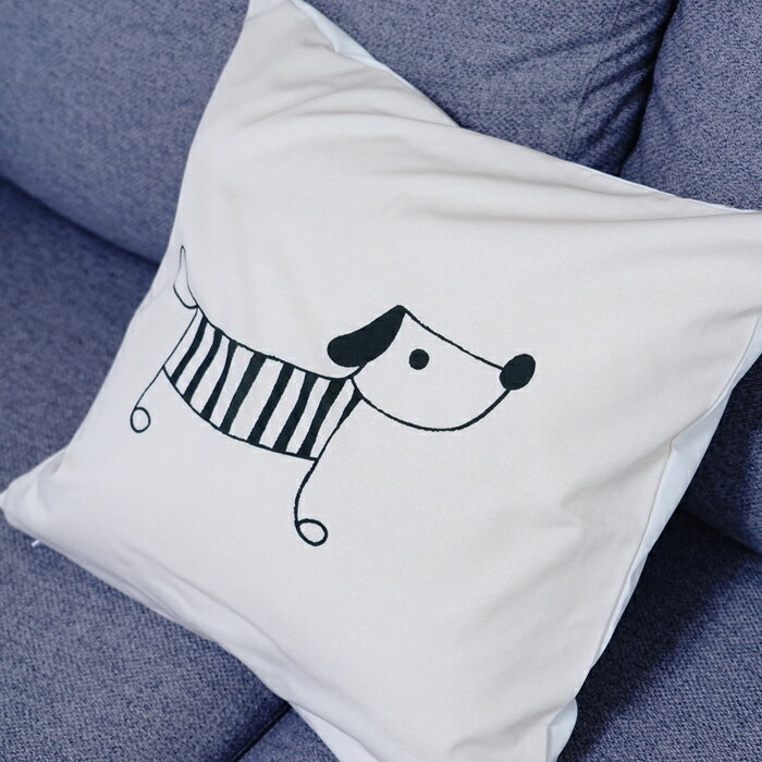 クッションカバー おしゃれ 45×45cm SROWシリーズ「ドッグ(ストライプ)」 犬 アイボリー 洗える メール便送料無料 [2]