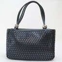 【中古】2405-62 ハマノ 濱野 ハンドバッグ Hamano レザー製 ブラック ナイロンリボン 編み込み