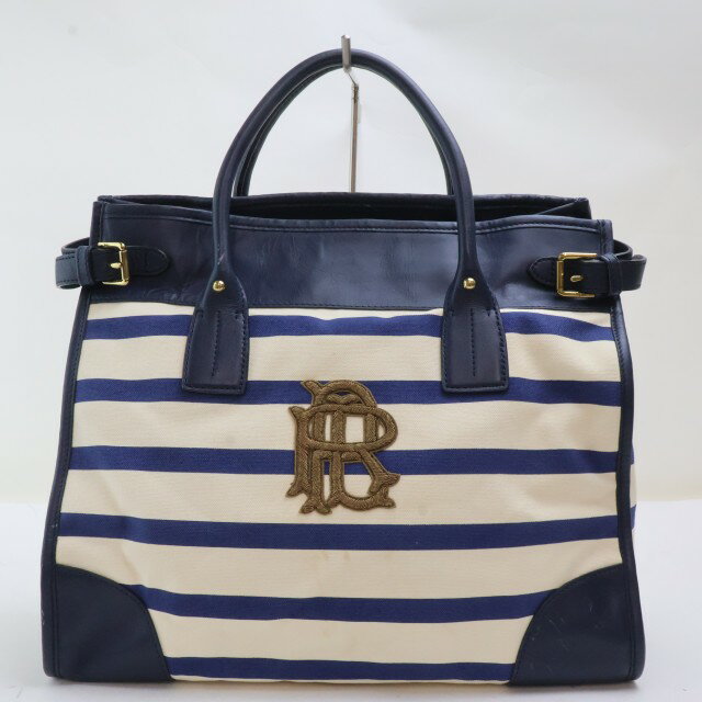 【中古】2509-48 ラルフローレン ハンドバッグ トートバッグ RALPH LAURE キャンバス×レザー製 アイボリー×ネイビー