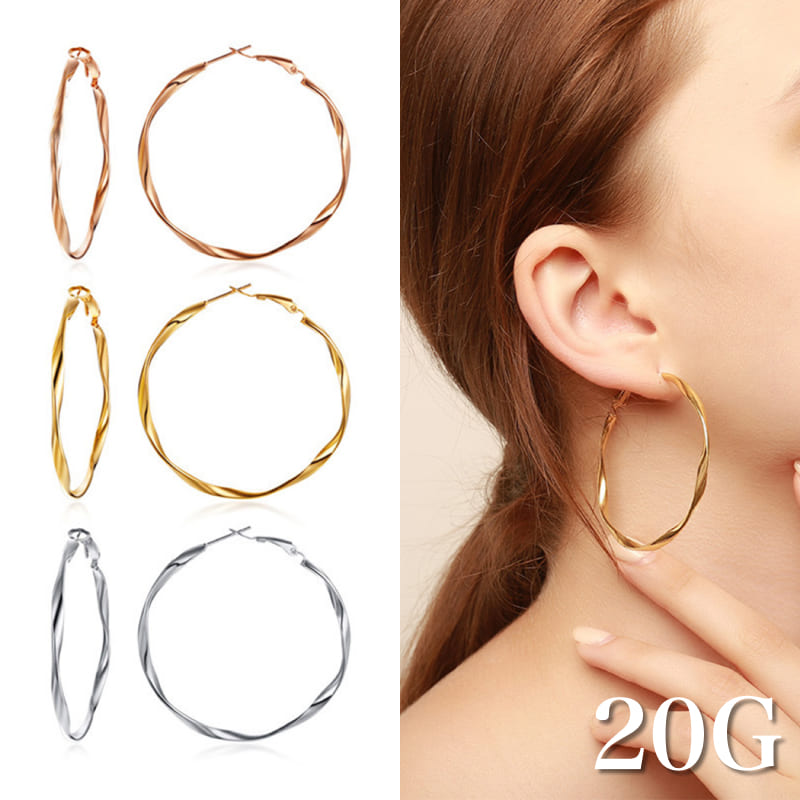 Rakuten - ステンレス製 フープピアス ねじり ひねり ツイスト ステンレス シンプル 上品 大きめ アクセサリー 女性 両耳