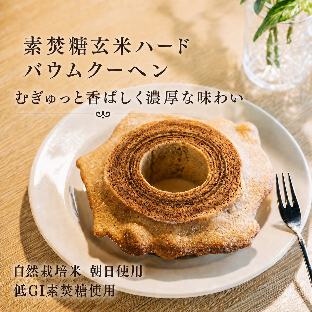 栽培期間中、農薬・化学肥料・有機肥料などを一切使わず、人口交配も行わない幻のお米『朝日米』を使用。さらに使用する直前に自家製粉するなど、品質にこだわり抜いた特別なハードバウムクーヘンです。 豊かな風味としっとりとした食感が特徴で、グルテンフリーをお探しの方や、食の安全志向の高い方にもおすすめ。 さらに砂糖の代わりに、奄美諸島のサトウキビを使用した素焚糖を使用し、ミネラル豊富で、やさしい甘味と豊かな風味を感じられる逸品です。栽培期間中、農薬・化学肥料・有機肥料などを一切使わず、人口交配も行わない幻のお米『朝日米』を使用。さらに使用する直前に自家製粉するなど、品質にこだわり抜いた特別なハードバウムクーヘンです。 豊かな風味としっとりとした食感が特徴で、グルテンフリーをお探しの方や、食の安全志向の高い方にもおすすめ。 さらに砂糖の代わりに、奄美諸島のサトウキビを使用した素焚糖を使用し、ミネラル豊富で、やさしい甘味と豊かな風味を感じられる逸品です。