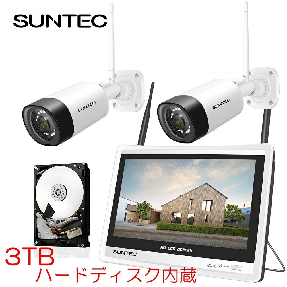 商品情報商品内容1×12インチ液晶モニター一体型NVR本体（3TB HDD 内藏）2×300万IP66防水カメラ2×カメラ用電源(12V1A)1×延長アンテナ1×本体電源(12V2.5A)1×マウス1×LANケーブル1×HDMIケーブル1×取扱説明書1×アンテナ／ビス／防犯ステッカー※ディスプレイは録画機本体と一体型です商品特徴・300万画像1536Pカメラ、ズームで拡大した際に遠くの対象物もはっきりと確認できます・マイクとスピーカー付きカメラ、スマホと通話可能、防犯上に活躍・LAN配線が不要でセッティング超簡単・インターネット環境がない場所でも使えます・外出先からいつでも映像を確認できます・赤外線LEDを搭載しているので、夜間の映像も鮮明な映像を撮影できます・IP66相当の防塵防水設計で屋外に設置も安心・3TBハードディスク搭載、H465録画方式長時間録画可能・「常時録画」「スケジュール録画」「動体検知録画」の録画方法をお選びいただけます保証期間一年保証配送全国一律送料無料検索キーワード防犯カメラ 屋外 屋内 ワイヤレス 監視カメラ 留守 防犯カメラセット セット 録画機セット 録画機 レコーダーセット レコーダー 1台セット 2台セット 3台セット 4台セット 1TB 2TB 3TB ネットワークカメラ 簡単設置 車上荒らし 駐車場 家庭用 遠隔監視 スマホ 防水 IPカメラ Wifi 介護 楽天ランキング 人気 おすすめ 最新 外出防犯対策 盗難防止 空き巣 家庭 自宅マンション アパート オフィス 学校 小学校 高校 大学 ビニールハウス 倉庫 車庫 ガレージ 玄関 ゴミ置き場 ゴミ捨て場 いたずら防止 ベランダ インターホン 一戸建て 不審者 格安 会社業務用 玄関高画質 室内 賃貸 長時間録画 車 バイク 自転車 店舗 天井 メーカー 300万画素 安い セキュリティ 話題 暗視 手軽 バレット スマホで監視 wifi対応 録画機セット【選べる特典付】防犯カメラ 配線なし ワイヤレス 屋外 防災グッズ 300万画素 工事不要 容量3TBハードディスク内蔵 カメラ2台+12インチ液晶モニター 録画 WiFi 検知 監視 車上荒らし iPhone スマホ IPカメラ 遠隔監視 簡単操作 8チャンネルまで増設可 敷地 侵入 対策 屋外 車盗難 リレーアタック 長期間録画保存 LAN配線が不要でらくらく設置 カメラと録画装置間はLAN配線なしで設置可能なため、壁に穴をあけることなく綺麗に配線できます。 ネット環境があれば、外出先からスマホで確認できます スマホ・カメラ（マイクとスピーカー内蔵）で通話可能 300万画素ズームで拡大した際に遠くの対象物もはっきり 外出先からいつでも映像を確認したい 長時間の録画記録残したい 敷地内に無断侵入される場合スマホまで知らせてくれる ワイヤレスカメラ特有のタイムラグも1秒もないくらいで、ほぼリアルタイムのように感じます 1