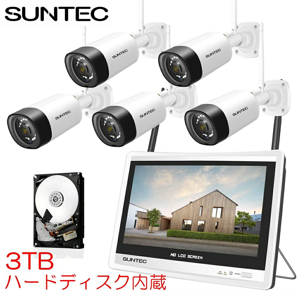 商品情報商品内容1×12インチ液晶モニター一体型NVR本体（3TB HDD 内藏）5×300万IP66防水カメラ5×カメラ用電源(12V1A)1×延長アンテナ1×本体電源(12V2.5A)1×マウス1×LANケーブル1×HDMIケーブル1×取扱説明書1×アンテナ／ビス／防犯ステッカー※ディスプレイは録画機本体と一体型です※お客様ご自身でカメラ（内1台）の追加設定をする必要がございます（ワンクリックで簡単追加可能）。商品特徴・300万画像1536Pカメラ、ズームで拡大した際に遠くの対象物もはっきりと確認できます・マイクとスピーカー付きカメラ、スマホと通話可能、防犯上に活躍・LAN配線が不要でセッティング超簡単・インターネット環境がない場所でも使えます・外出先からいつでも映像を確認できます・赤外線LEDを搭載しているので、夜間の映像も鮮明な映像を撮影できます・IP66相当の防塵防水設計で屋外に設置も安心・3TBハードディスク搭載、H465録画方式長時間録画可能・「常時録画」「スケジュール録画」「動体検知録画」の録画方法をお選びいただけます保証期間一年保証配送全国一律送料無料検索キーワード防犯カメラ 屋外 屋内 ワイヤレス 監視カメラ 留守 防犯カメラセット セット 録画機セット 録画機 レコーダーセット レコーダー 1台セット 2台セット 3台セット 4台セット 1TB 2TB 3TB ネットワークカメラ 簡単設置 車上荒らし 駐車場 家庭用 遠隔監視 スマホ 防水 IPカメラ Wifi 介護 楽天ランキング 人気 おすすめ 最新 外出防犯対策 盗難防止 空き巣 家庭 自宅マンション アパート オフィス 学校 小学校 高校 大学 ビニールハウス 倉庫 車庫 ガレージ 玄関 ゴミ置き場 ゴミ捨て場 いたずら防止 ベランダ インターホン 一戸建て 不審者 格安 会社業務用 玄関高画質 室内 賃貸 長時間録画 車 バイク 自転車 店舗 天井 メーカー 300万画素 安い セキュリティ 話題 暗視 手軽 バレット スマホで監視 wifi対応 録画機セット【選べる特典付】防犯カメラ 配線なし ワイヤレス 屋外 防災グッズ 300万画素 工事不要 容量3TBハードディスク内蔵 カメラ5台+12インチ液晶モニター 録画 WiFi 検知 監視 車上荒らし iPhone スマホ IPカメラ 遠隔監視 簡単操作 8チャンネルまで増設可 敷地 侵入 対策 屋外 車盗難 リレーアタック 長期間録画保存 LAN配線が不要でらくらく設置 カメラと録画装置間はLAN配線なしで設置可能なため、壁に穴をあけることなく綺麗に配線できます。 ネット環境があれば、外出先からスマホで確認できます スマホ・カメラ（マイクとスピーカー内蔵）で通話可能 300万画素ズームで拡大した際に遠くの対象物もはっきり 外出先からいつでも映像を確認したい 長時間の録画記録残したい 敷地内に無断侵入される場合スマホまで知らせてくれる ワイヤレスカメラ特有のタイムラグも1秒もないくらいで、ほぼリアルタイムのように感じます 1