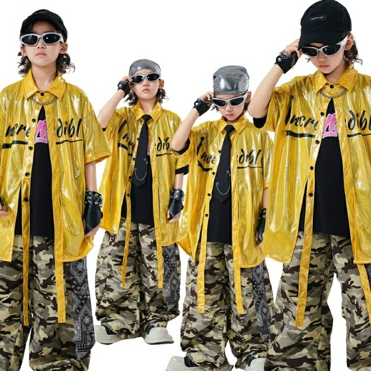 乐天商城 - 迷彩柄 キッズ ダンス 衣装 黄色 ダンス 衣装 ヒップホップ キッズ セットアップ 男の子 キラキラ Tシャツ 迷彩パンツ イエロー 黒 派手 ステージ衣装 韓国 HIPHOP 子供服 演出服 キッズ ファッション ストリート キッズダンス 衣装 かっこいい 練習着 舞台服 個性