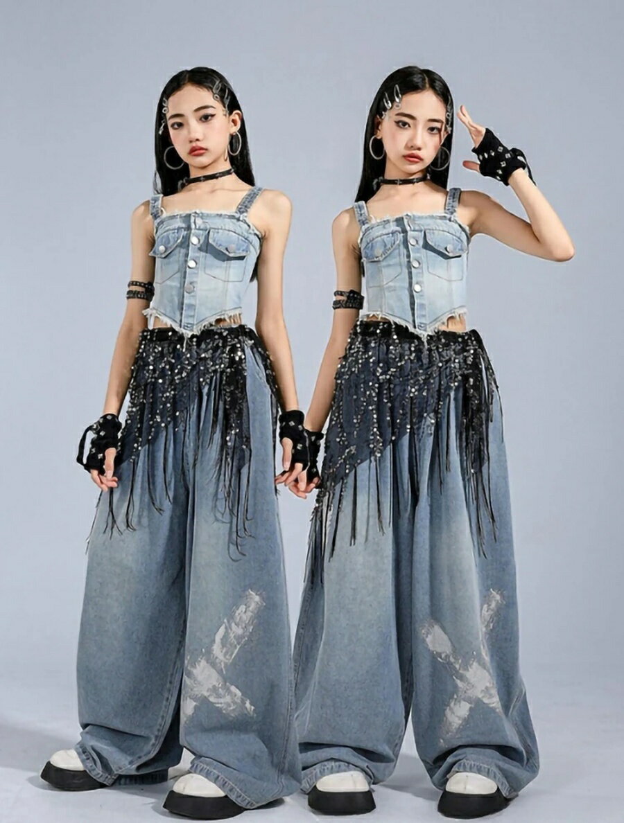 腰巻風 キッズ ダンス 衣装 デニム 青 黒 かっこいい ビーズ 韓国 子供服 女の子 ...