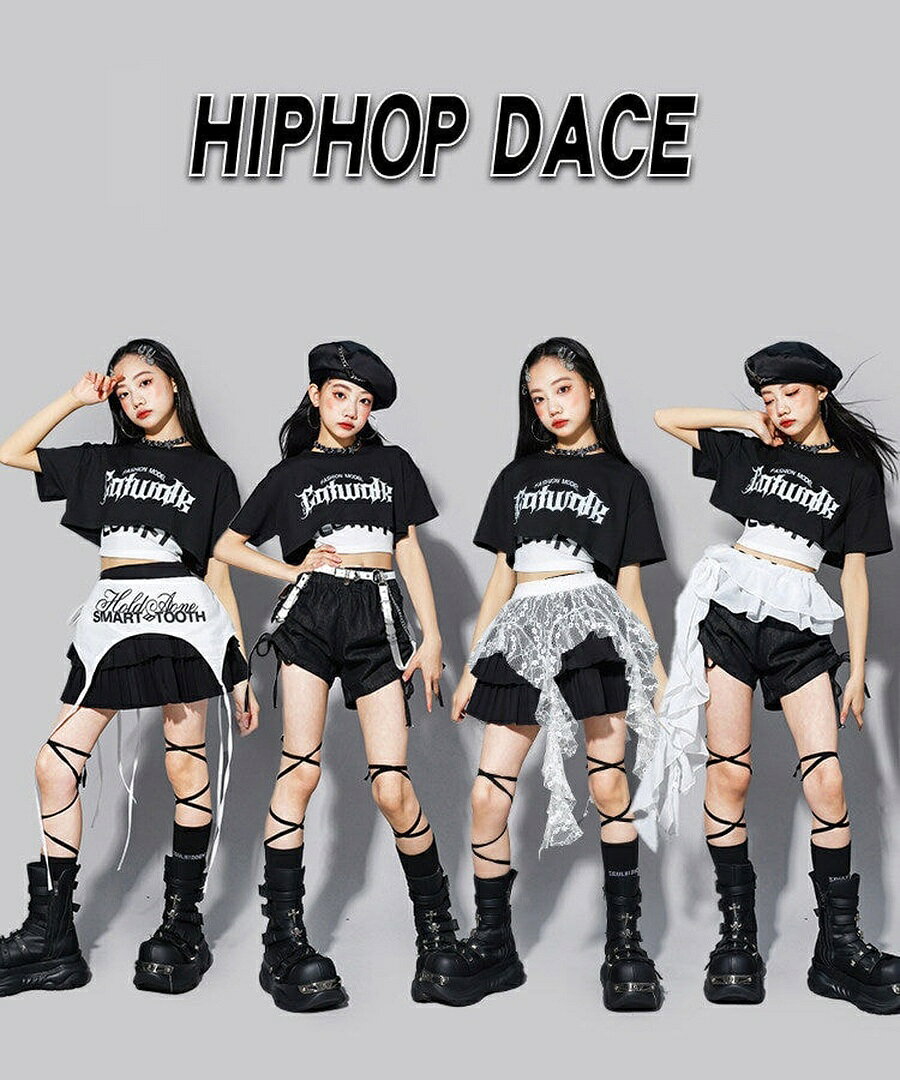 suntonのダンス衣装 キッズ 黒 セットアップ ショートパンツ ティアードスカート ストリート系 子供服 かっこいい k-pop 衣装 ガールズ 半袖 トップス レイヤード風 キッズダンス衣装 女の子 応援団 キッズ ストリート ダンス衣装 【発表会・ダンスイベントに】｜アングル2