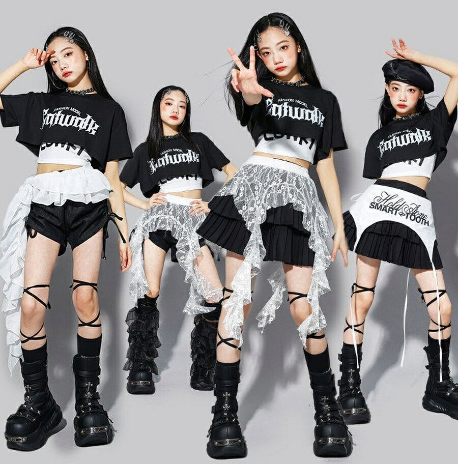 suntonのダンス衣装 キッズ 黒 セットアップ ショートパンツ ティアードスカート ストリート系 子供服 かっこいい k-pop 衣装 ガールズ 半袖 トップス レイヤード風 キッズダンス衣装 女の子 応援団 キッズ ストリート ダンス衣装 【発表会・ダンスイベントに】｜アングル3