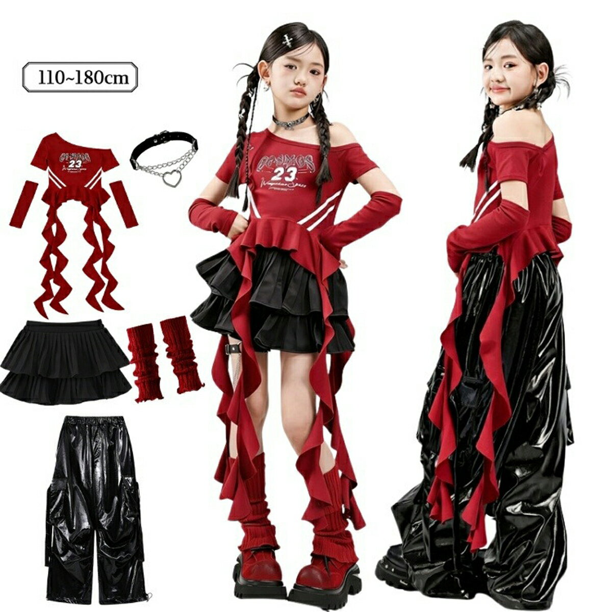 乐天商城 - ダンス 衣装 キッズ セットアップ 女の子 ガールズ K-POP 韓国風 子供服 ファッション 派手 アシンメトリー オフショルダートップス レザー風 パンツ 黒 プリーツスカート Y2K ガールクラッシュ 練習着 発表会 ステージ衣装 かっこいい 110 120 130 140 150 160 170 180