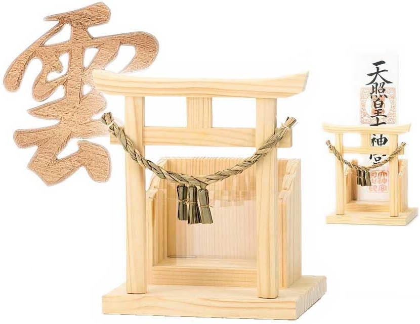 天然木檜製 木地仕上げ 匠の神棚「鳥居付き お札立て(神棚) 注連縄装飾 アクリル板仕切り 木彫[雲]型セット／特許庁 実用新案・意匠・商標登録 完成品（組み立て不要）ヒノキ 無塗装 御札立て(約13X11X16.2cm)据え置き・壁面取り付け(金具付)両用／神棚 札立 札差 札入