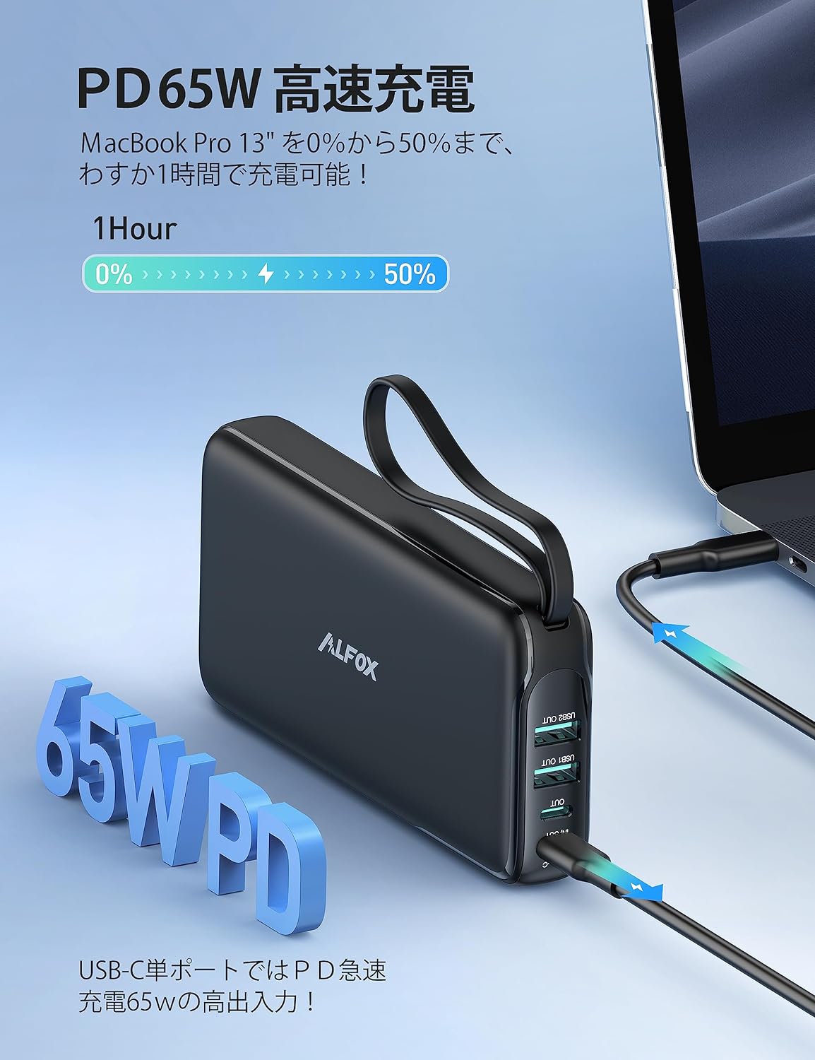 【期間限定7999円→5999円 】 Alfox ポータブル 電源　モバイルバッテリー 65W 20000mAh【USB-A&USB-C 4ポート/LCD残量表示/大容量/PD3.0&QC3.0&PPS対応/4台同時充電】急速充電 iPhone/Android/MacBook/iPad Pro/Switch/Steam など各種対応 PSE認証済 /18ヶ月保証