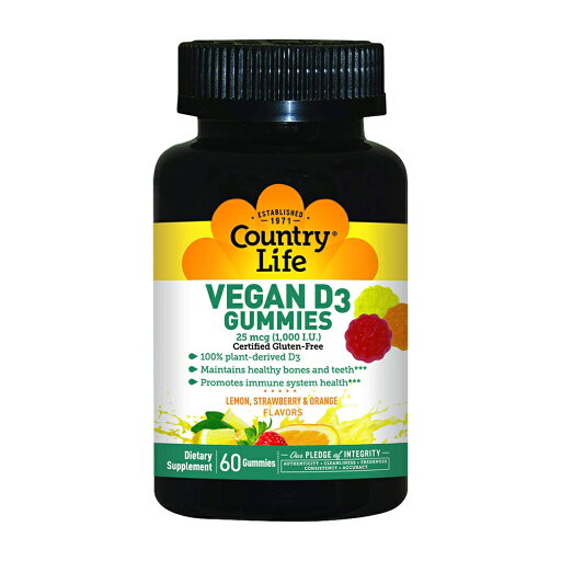【送料無料】 ヴィーガン ビタミンD3 グミ(レモン/イチゴ/オレンジ味)1000IU 60粒 カントリーライフ【Country Life】Vegan D3 Gummies (Lemon, Strawberry & Orange Flavors) 1000 IU, 60 Gummies 【送料無料】 ヴィーガン ビタミンD3 グミ(レモン/イチゴ/オレンジ味)1000IU 60粒 カントリーライフ【Country Life】Vegan D3 Gummies (Lemon, Strawberry & Orange Flavors) 1000 IU, 60 Gummies