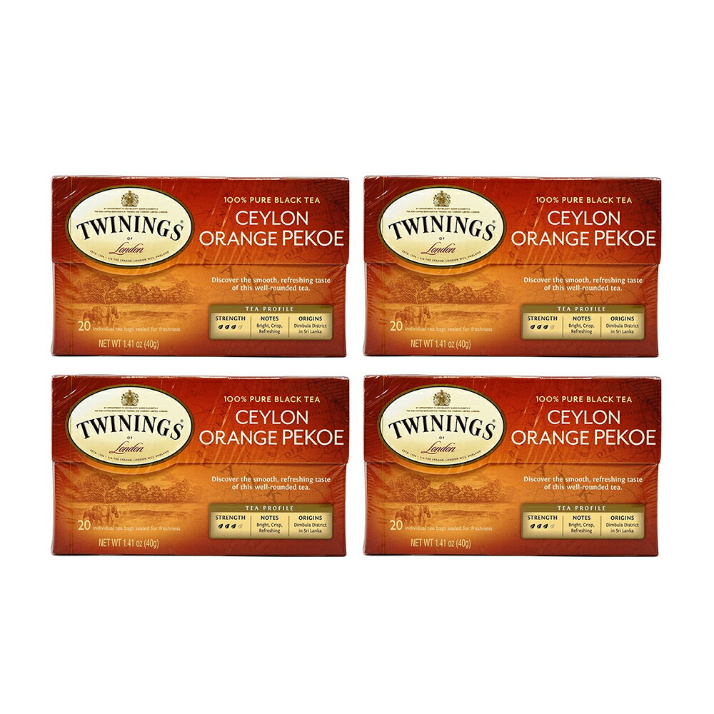 【送料無料】4個セット ピュアブラックティー セイロンオレンジペコ 20個入り ティーバッグ トワイニング 紅茶【Twinings】Pure Black Tea Ceylon Orange Pekoe, 20 Tea Bags