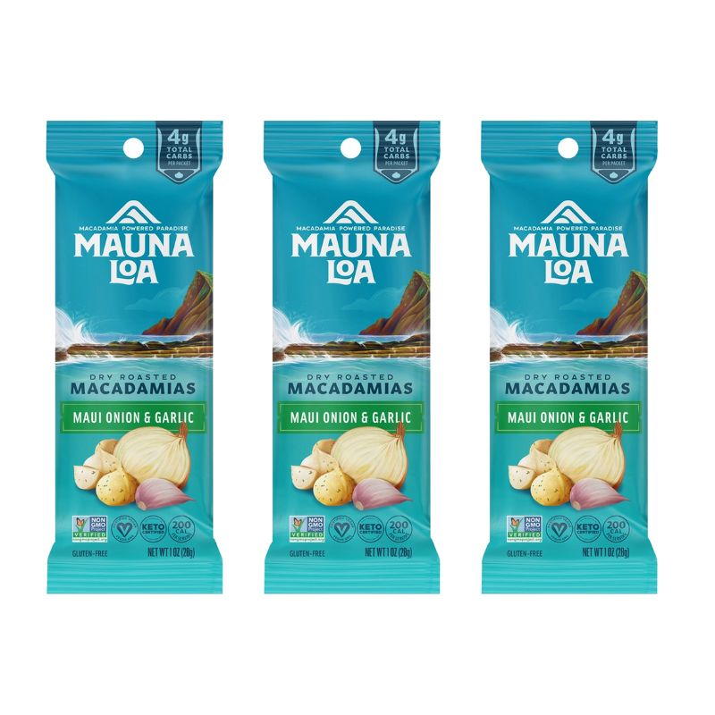 【送料無料】 3個セット ドライロースト マカダミア マウイ オニオン＆ガーリック 28g マウナロア ハワイ お菓子 食品 ナッツ スナック グルテンフリー【Mauna Loa】Dry Roasted Macadamias Maui Onion & Garlicのサムネイル