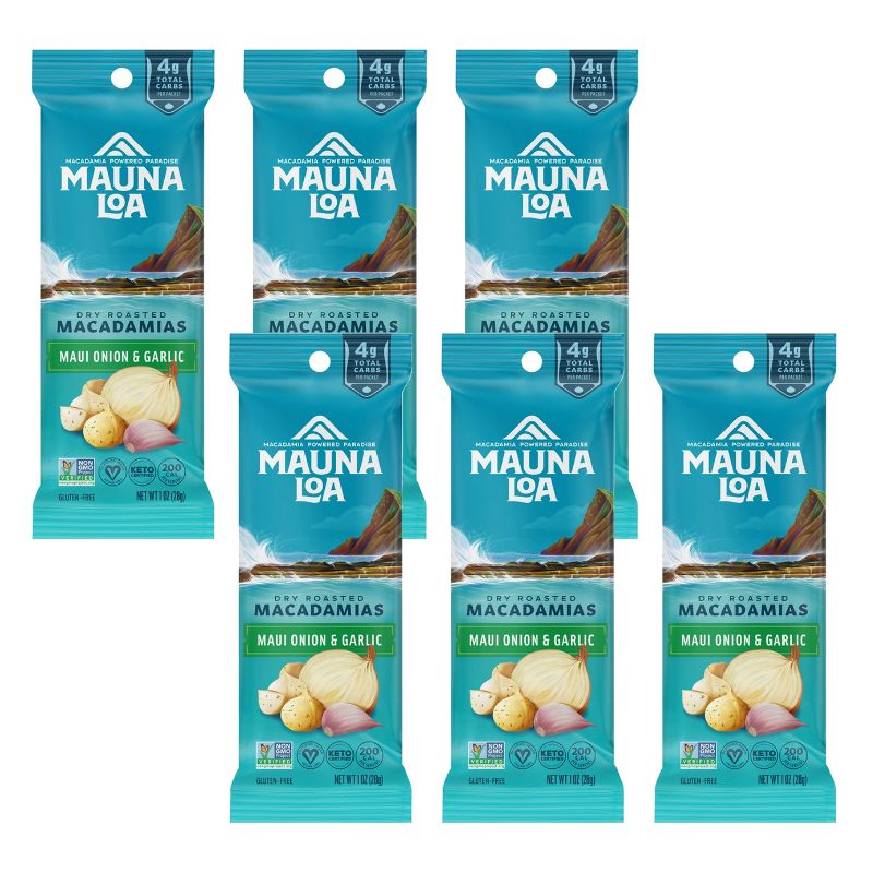【送料無料】6個セット ドライロースト マカダミア マウイ オニオン＆ガーリック 28g マウナロア ハワイ お菓子 食品 ナッツ スナック グルテンフリー【Mauna Loa】Dry Roasted Macadamias Maui Onion & Garlicのサムネイル