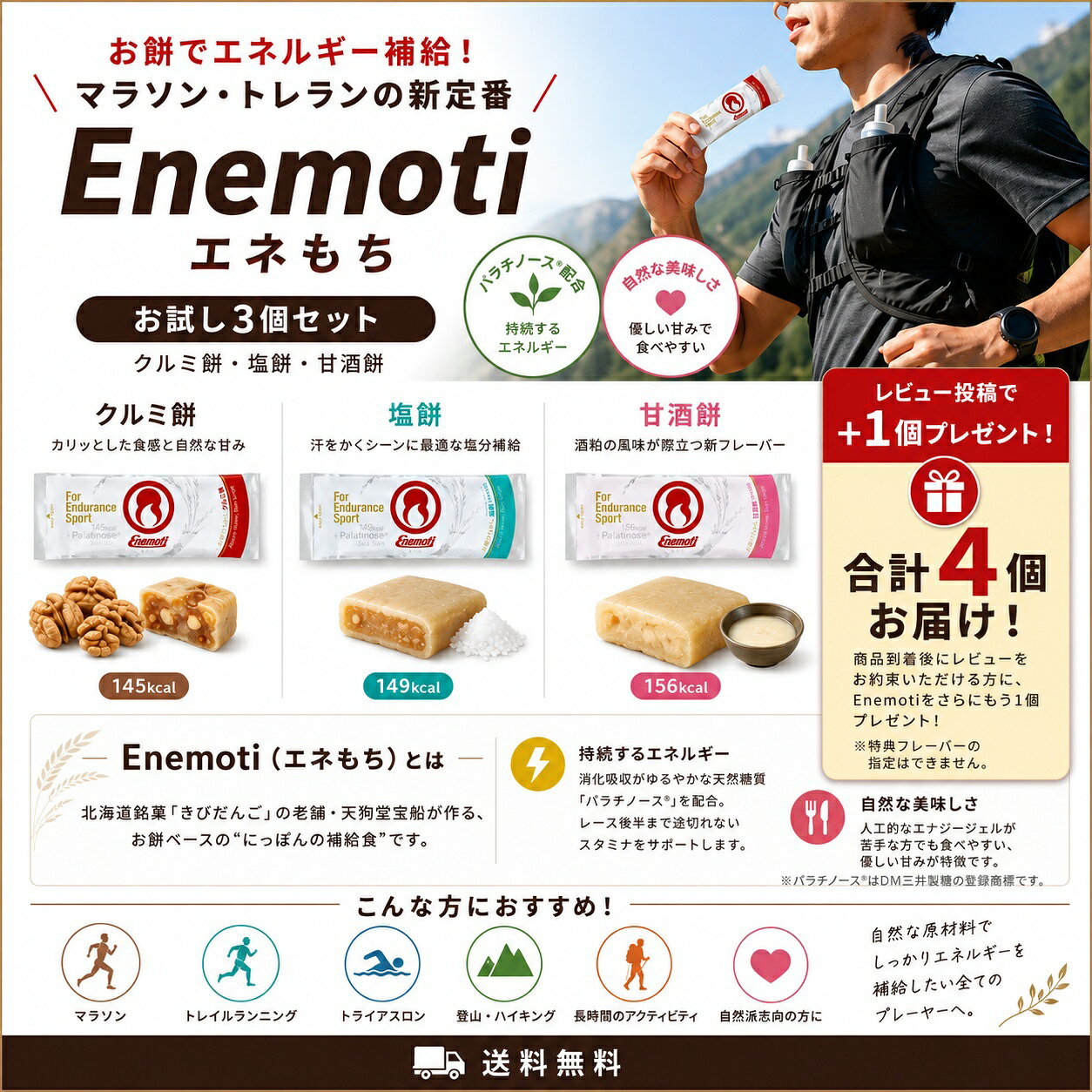 【レビュー投稿で＋1個プレゼント！】 商品到着後にレビューをお約束いただける方に、Enemotiをさらにもう1個プレゼント！ 3個セットのご注文なら、レビュー投稿で「計4個」お届けします。大変お得なこの機会にぜひお試しください。 ※特典フレーバーの指定はできません。 【Enemoti（エネもち）とは】 北海道銘菓「きびだんご」の老舗・天狗堂宝船が作る、お餅ベースの“にっぽんの補給食”です。 持続するエネルギー： 消化吸収がゆるやかな天然糖質「パラチノース」を配合。レース後半まで途切れないスタミナをサポートします。 自然な美味しさ： 人工的なエナジージェルが苦手な方でも食べやすい、優しい甘みが特徴です。 【選べる3つの味】 クルミ餅： カリッとした食感と自然な甘み（145kcal） 塩餅： 汗をかくシーンに最適な塩分補給（149kcal） 甘酒餅： 酒粕の風味が際立つ新フレーバー（156kcal） 【こんな方におすすめ】 マラソン、トレラン、トライアスロン、登山、ハイキングなど。人工的な味を避け、自然な原材料でしっかりエネルギーを補給したい全てのプレーヤーへ。