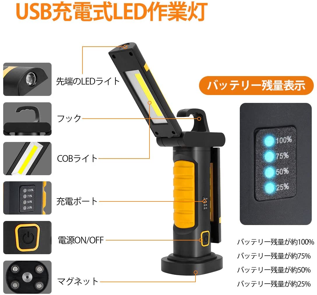 ＼買いマラソンセール・20%オフ！！／SUPAREE 高輝度 LED ワークライト 4000LM USB充電式 投光器 ハンディライト 20W COB 折り畳み式 作業灯 5モード切替 小型 懐中電灯 大容量4400mAh モバイルバッテリー機能付き 防水 強力マグネット 屋外 防水 防災 2