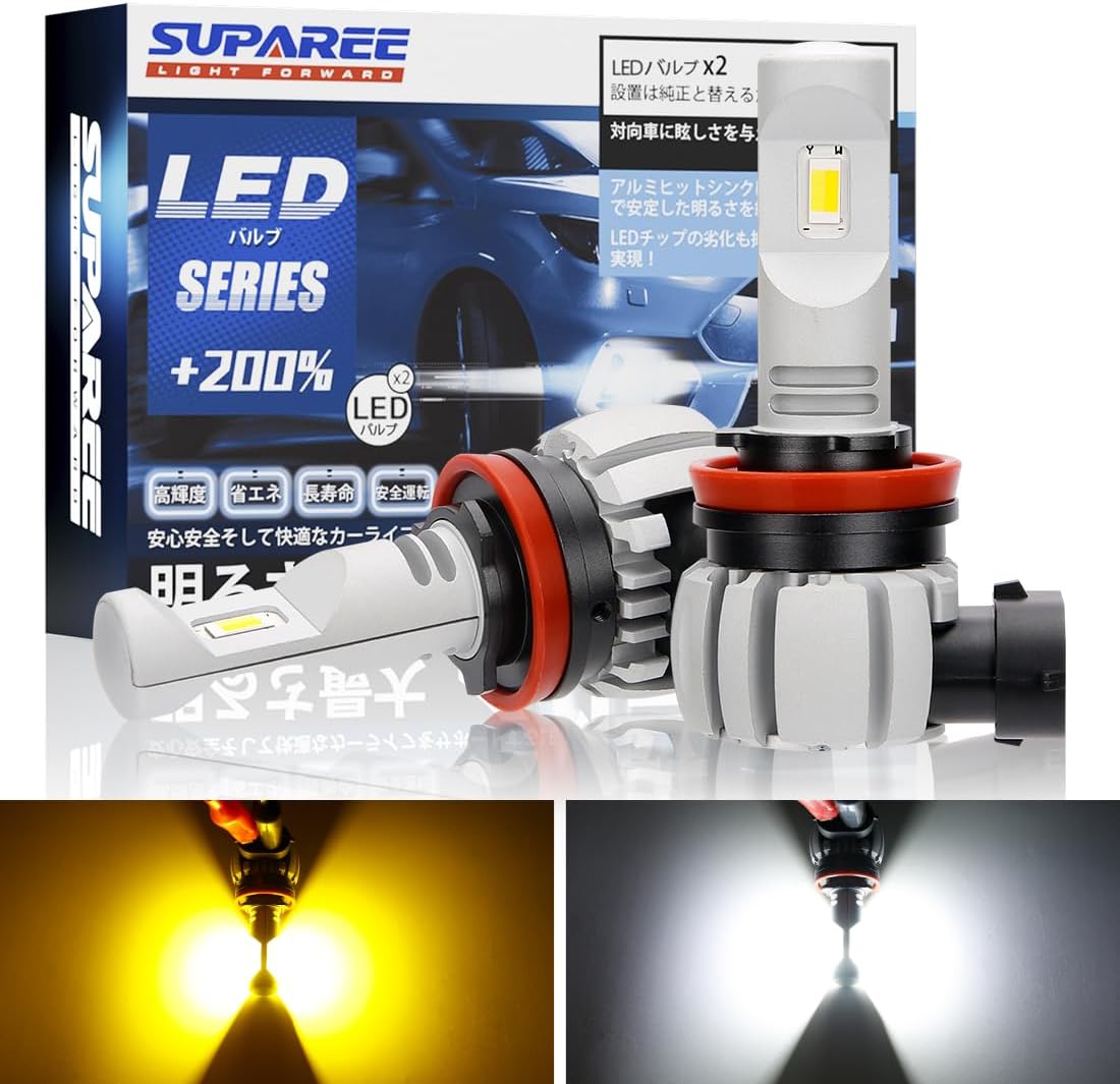 ＼72時間タイムセール 15％オフ！！／SUPAREE 2色切り替え LED フォグランプ ヘッドライト H8 H9 H11 H16 HB3 HB4 PSX24W PSX26W ホワイト（6000K）／イエロー（3000K） 車検対応 角度調整可能 LEDフォグ DC9-24V 40W 車用LEDバルブ 2個セット 1年保証