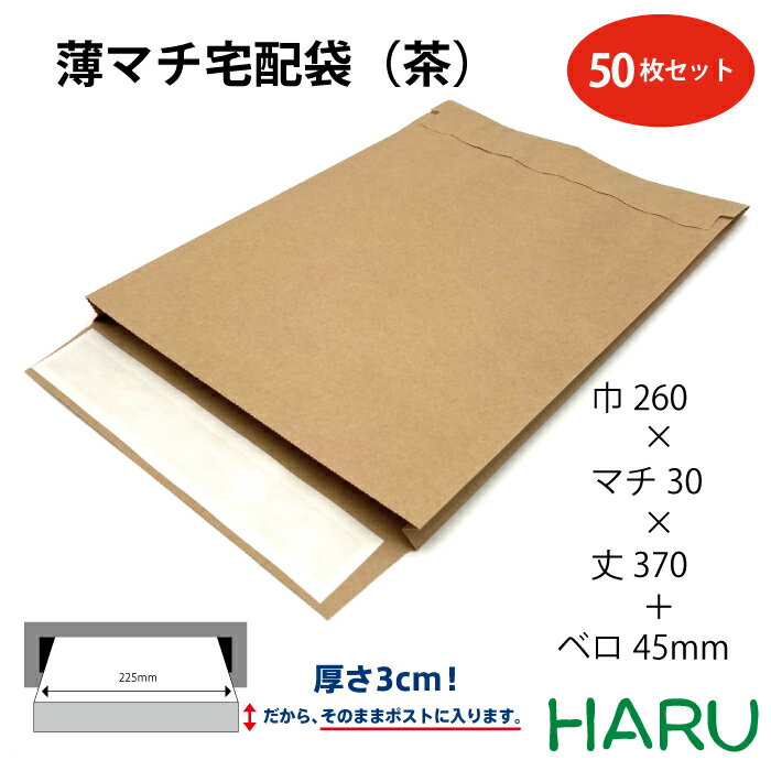 薄マチ宅配袋（茶）A4 未晒 50枚 260×370×30mm+ベロ60mm （ 配送袋 紙袋 封筒 薄い　薄マチ　コンパクトサイズ 無地宅配袋 配送資材 配送 郵送 荷物 厚手 丈夫 頑丈 小さいサイズ ベロ付き 茶色 茶無地 ポスト 投函 メール便）