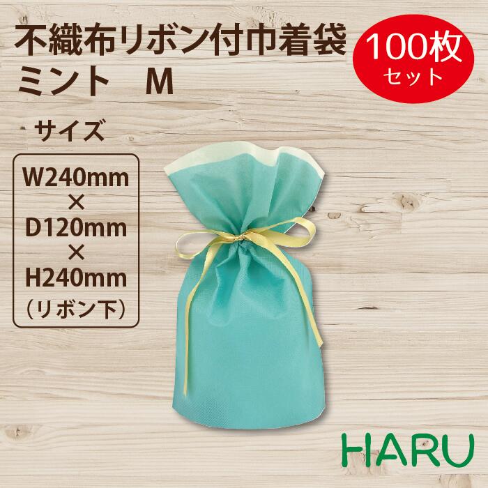 不織布リボン付巾着袋　ミント　M100枚梱包 サイズ：巾240×丈240（リボン下）×マチ120mm【巾着/巾着袋/不織布/ラッピング/ギフト/ギフトバッグ/まとめ買い/アウトレット】