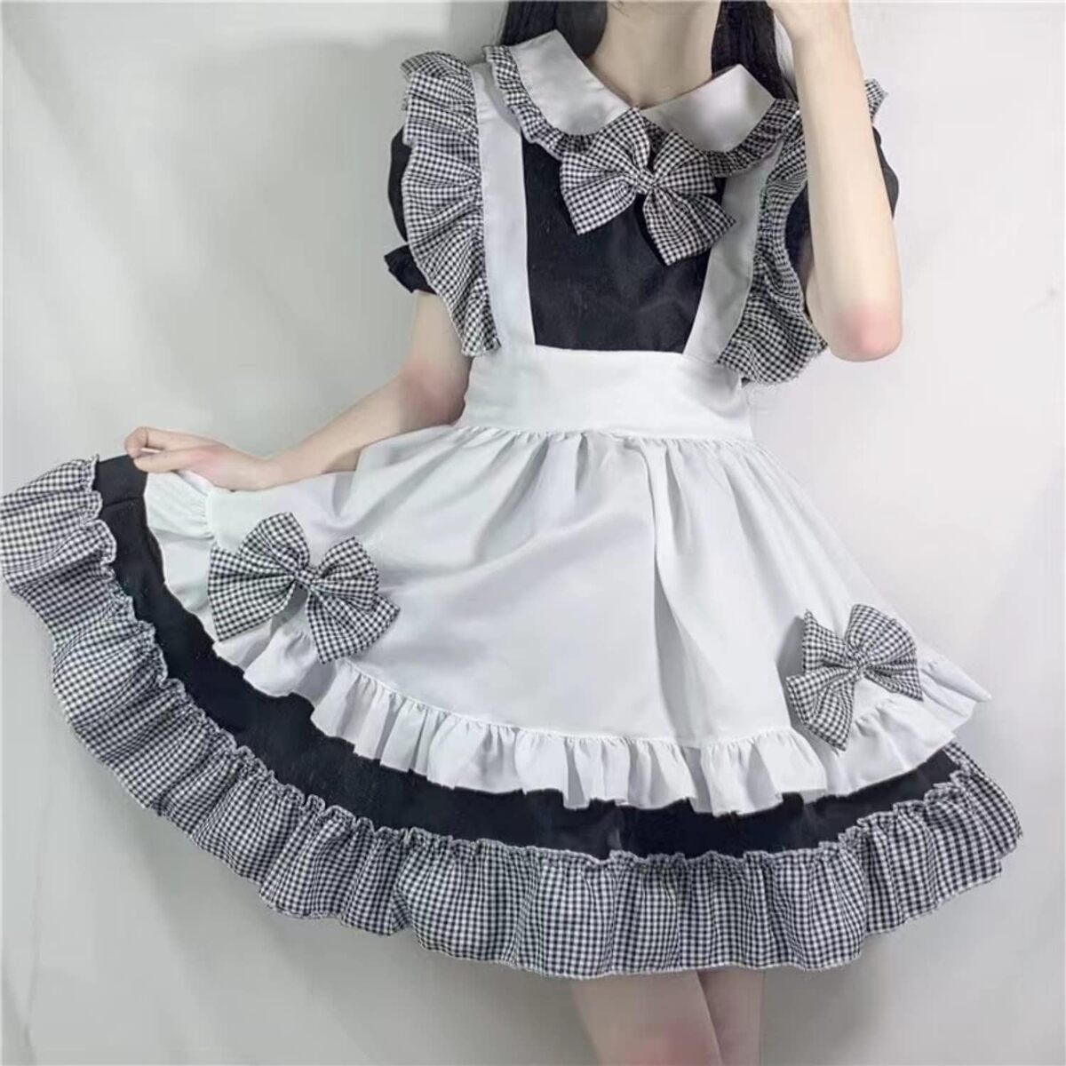 【30％OFF・2576円】メイド服 セクシー コスプレ衣装 ロリータ レディース エプロン ドレス アリス風 コスチューム 喫茶店 仮装 学園祭 チェック 6点セットです 6