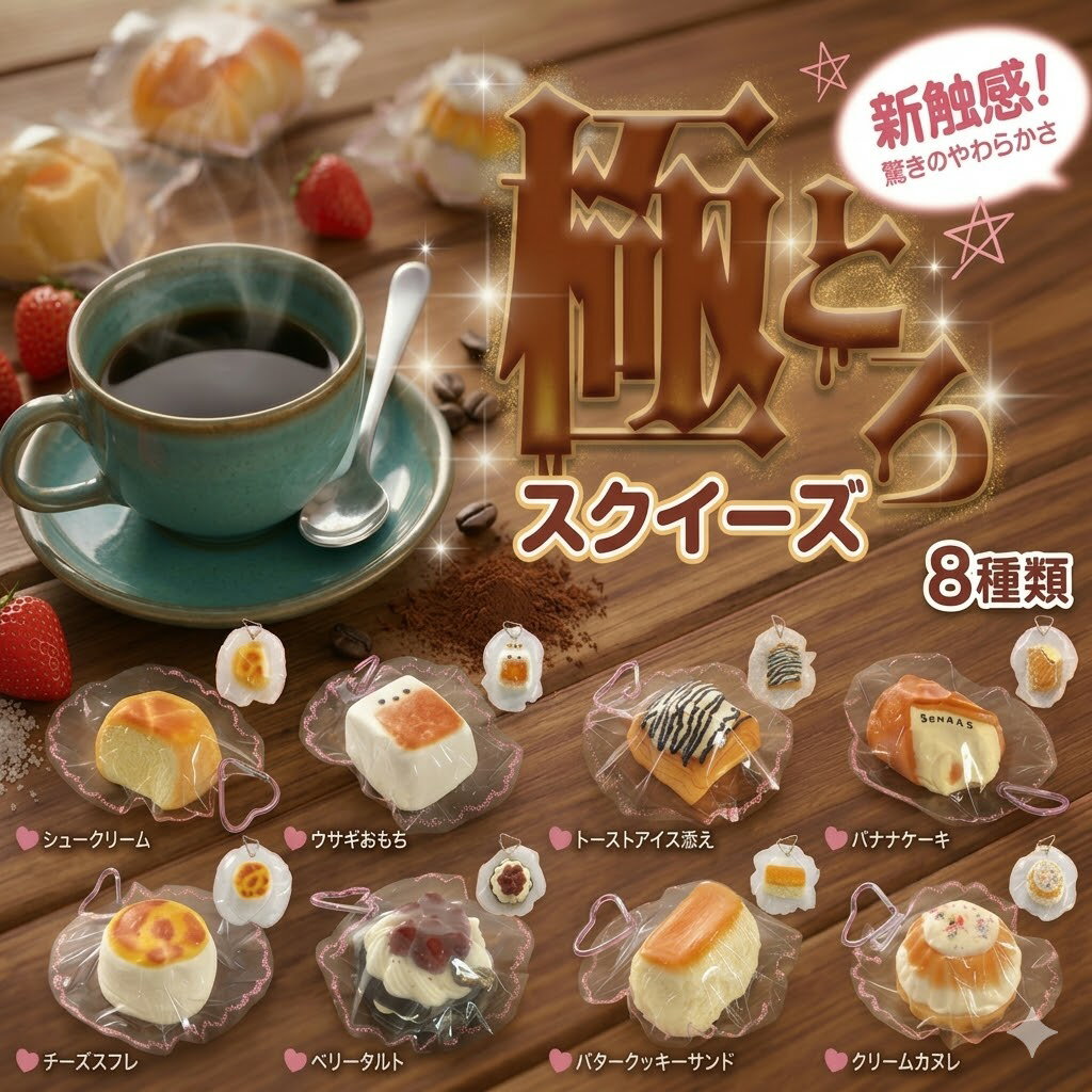 【極とろスクイーズ】新触感 ぷにゅぷにゅ 食品グレードシリコン使用 スクイーズ 8種 約18cm カラビナ付 癒しグッズ キーホルダー ストレス解消 暇つぶし...