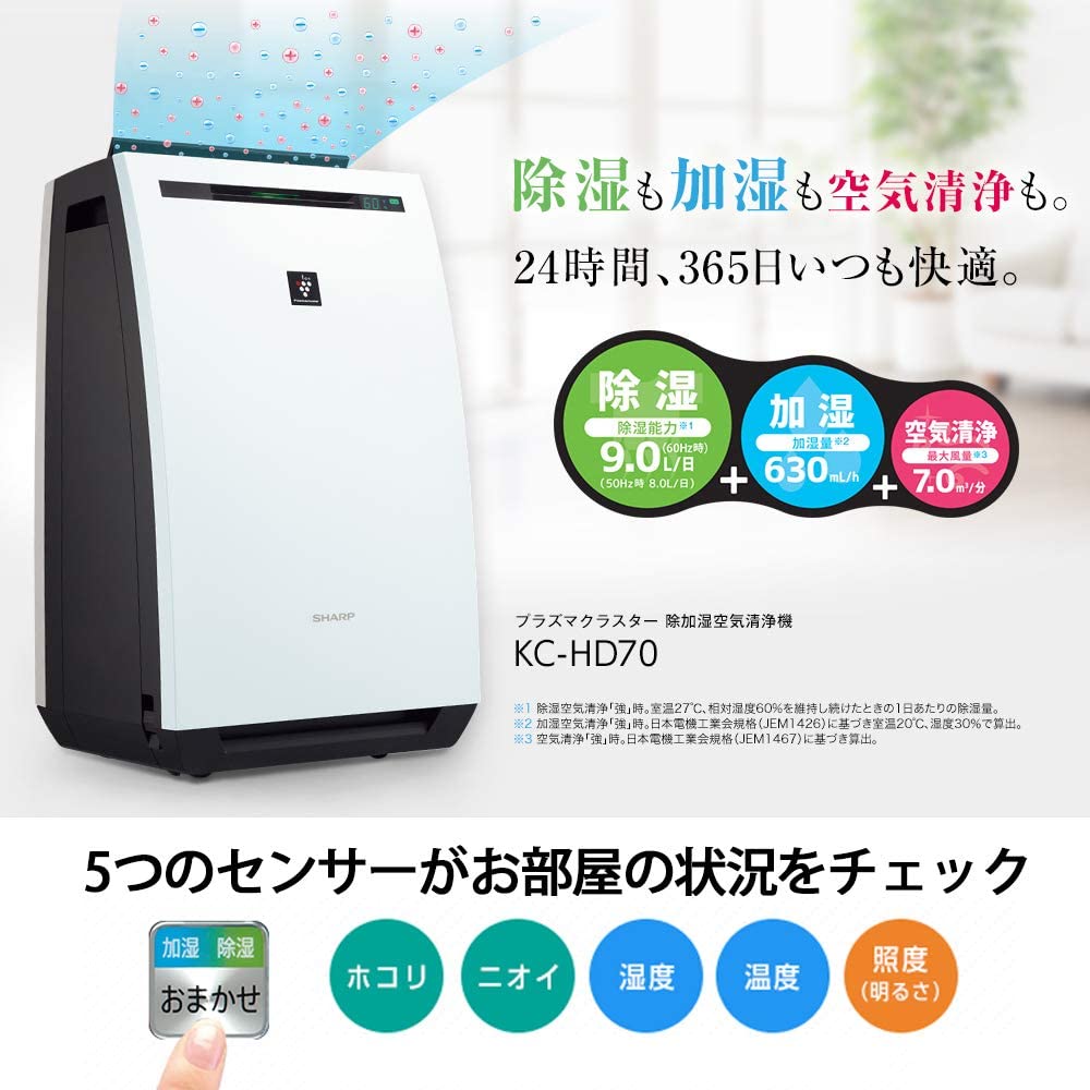 シャープ プラズマクラスター除加湿空気清浄機　KC-HD70-W