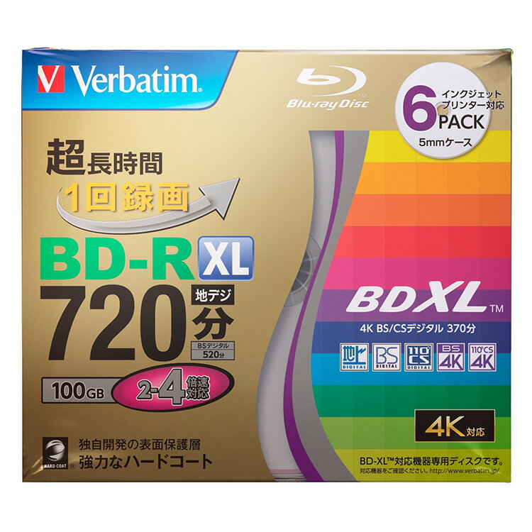 Verbatim バーベイタム ブルーレイディスク BD-RXL 1回録画用 片面3層 100GB 720分 2-4倍速 6枚 インクジェットプリンタ対応 ワイド印刷エリア対応 VBR520YP6VTO