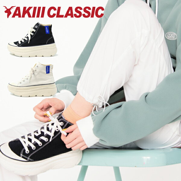 乐天商城 - アキクラシック スニーカー AKIII CLASSIC 韓国 レディース ハイカット キャンバス ダッドシューズ 厚底 美脚 カジュアル おしゃれ 黒 白 RECOVERY COTTON HIGH AKC-0038