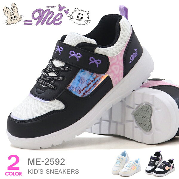 乐天商城 - スニーカー キッズ =Me 女の子 キッズシューズ ジュニア 靴 通学靴 コートシューズ マジック 白 かわいい リボン ネコ 軽量 シュガー イコールミー Me-2592