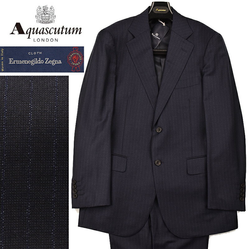 エルメネジルド・ゼニア ◆Aquascutum アクアスキュータム◆【サンプル品】秋冬モデル 定価 264,000円 イタリア生地【エルメネジルド・ゼニア/Ermenegildo Zegna】日本製 【最高級プライムライン】ストライプ柄スーツ 紺(A6サイズ) メンズスーツ ビジネススーツ おしゃれ