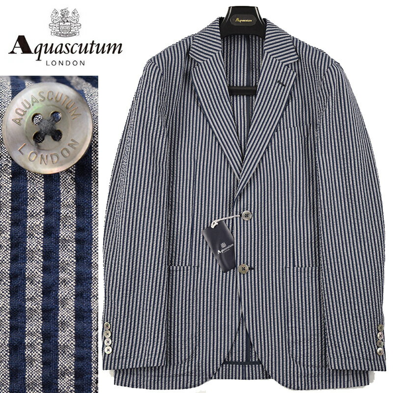 アクアスキュータム ◆Aquascutum アクアスキュータム◆春夏モデル 定価 82,500円 日本製 シアサッカー素材 コットンストライプジャケット ネイビー メンズジャケット