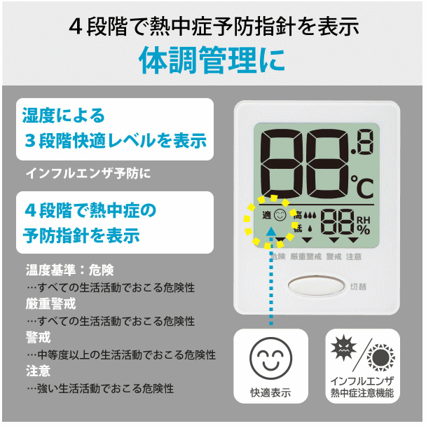 温度が見やすい温湿度計 健康サポート機能付き (ホワイト ブラック)HB-T03B オーム電機 OHM インフルエンザ・熱中症注意機能付き 節電の指標に 置き掛け両用/マグネット内蔵☆3【4753】 [3]
