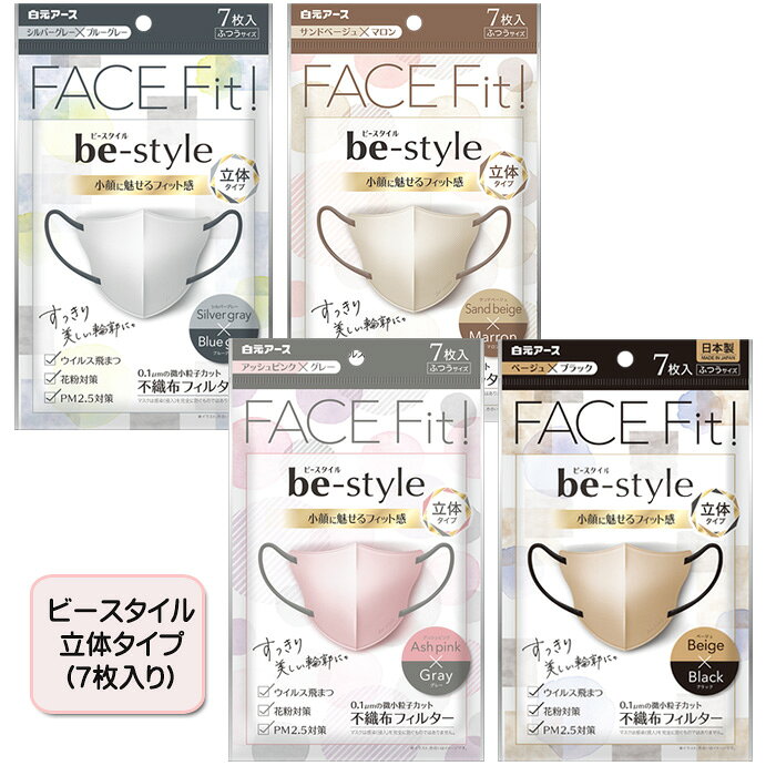【商品詳細】 ●顔にフィットして小顔に魅せる すっきり美しい輪郭に ●メイクがつきにくい ふわっとやさしい肌ざわりの口もと素材(エアスルー素材) ●印象的な目もとを演出するラウンドカット ●アゴのラインをすっきりみせるスマートカット ●耳が痛くないふんわり幅広耳ひも ●口もとに空間ができるから息がラク 【規格概要】 本体・フィルタ部：ポリプロピレン、ポリエチレン、ポリエステル 耳ひも部：ナイロン、ポリウレタン【サイズ(mm)】本体（幅×高さ×奥行）タテ×ヨコ　138×105※折りたたみ時のサイズ 【注意事項】 ★使用上の注意 ・本品は有害な粉塵・ガス等を防ぐ目的には使用できません。 ・乳幼児の手の届くところに置かないでください。 ・皮フに異常がある場合や、異常があらわれた場合には使用を中止してください。 ・着用中、臭いで気分が悪くなった場合には使用を中止してください。 ・使いきりタイプですので洗って再利用しないでください。汚れたら新しいものと交換してください。 ・衛生面から1日1枚のご使用をおすすめします。 ・対象用途以外に使用しないでください。 ★開封後の注意 ・外箱のふたを閉じて清潔な場所に保管し、早めにご使用ください。 ・一度使用したマスクは、袋内に戻さないでください。 ・使用後は地方自治体の区分に従って捨ててください。【販売者名】白元アース株式会社【住所】〒110-0015　東京都台東区東上野2-21-14 【TEL】03-5681-7691　受付時間　9：00～17：00(土・日・祝日を除く) 【広告文責】株式会社アレス小顔に魅せるフィット感の女性用立体マスク。すっきりみせるスマートカット。メイクがつきにくくやさしい肌ざわり。0.1μmの微小粒子カットの不織布フィルター。