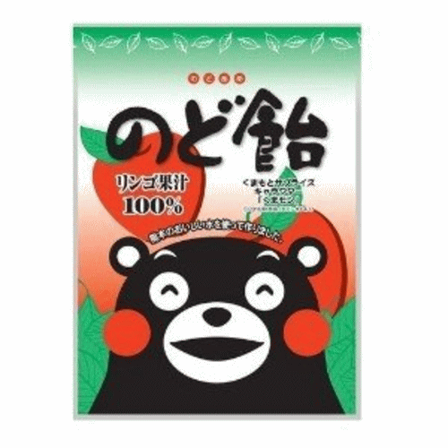 くまもと県ゆるキャラ「くまモン」ののど飴が登場！！ 熊本の水100％使用 リンゴ果汁100％使用 ★原材料名：砂糖、水飴、濃縮リンゴ果汁、蜂蜜、酸味料、香料 ★栄養成分表示（100g当り）：エネルギー392.5kcal、たんぱく質0g、脂質0g、炭水化物100g、ナトリウム2mg ★内容量：個装紙込90gx10袋 ★製造者：オークラ製菓株式会社　熊本県熊本市南区護藤町861番地6号 ★本品製造工場では、落花生・小麦・大豆・乳を含む製品と同じラインで製造しております。 ※4ケースまで1配送です。1ケース（10袋）※